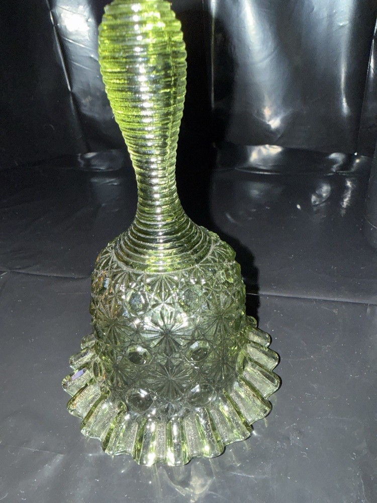 Vintage Green Pressed Glass Bell Daisy Button Pattern Fluted Base 6” Tall