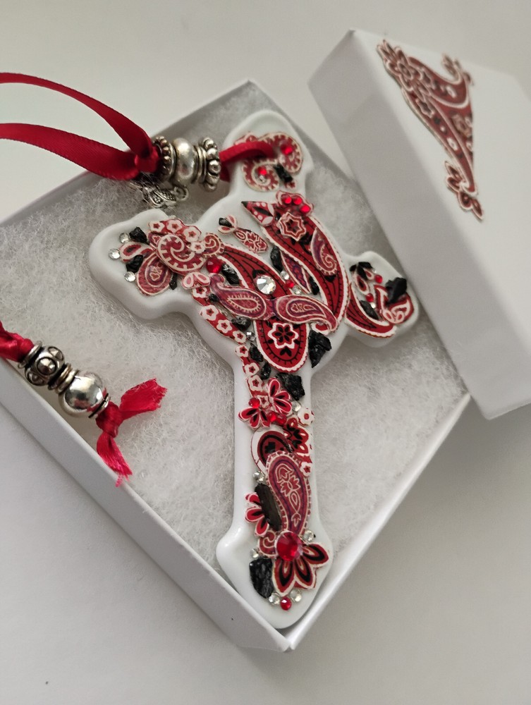 Cross Ornament- Red Bandana Pattern & Anthracite Coal- unique - artist made