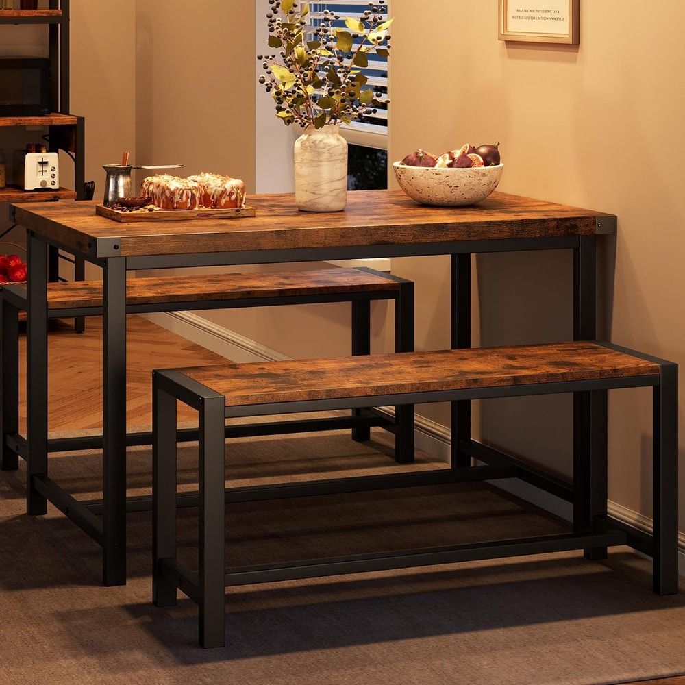 Dining Table Set 4 Kitchen Table W/ Benches Rectangular Dining Room Table Set W/