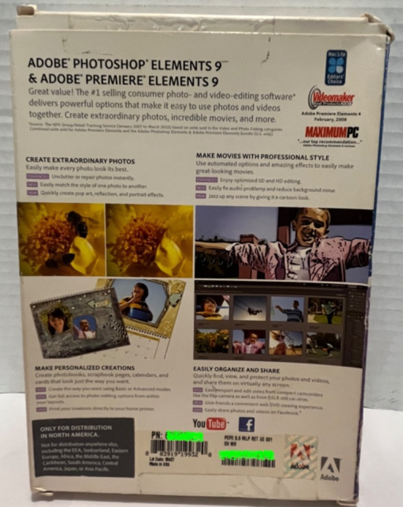 Adobe Photoshop Elements 9 & Premiere Elements 9 Bundle PC/Mac Complete w/ Seria