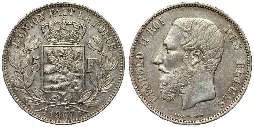 Belgium - 5 Francs 1867 - Leopold II, Silver