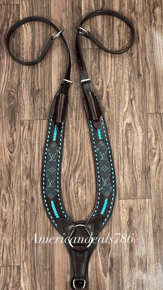 Western Brown Leather Pulling Breast Collar With Printed Leather & Buckstitch