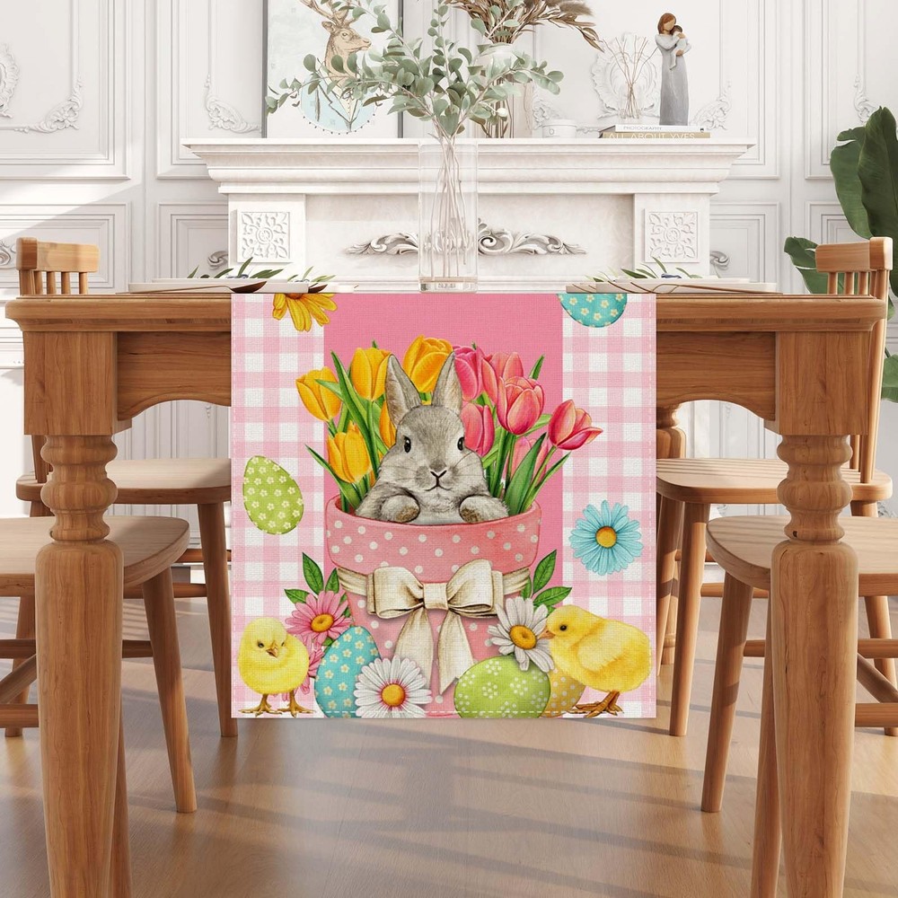Pink and White Buffalo Check Plaid Easter Table Runner Easter Egg Bunny Chick ..