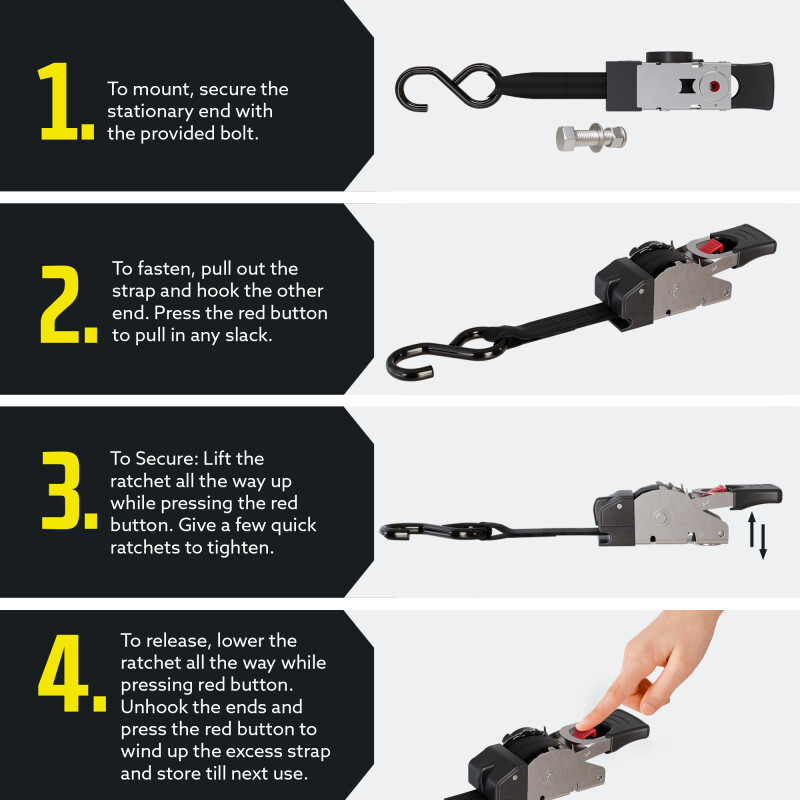 DC Cargo Transom Strap 1"x6' Retractable Stainless Steel Strap w/ S-Hook 2-pack