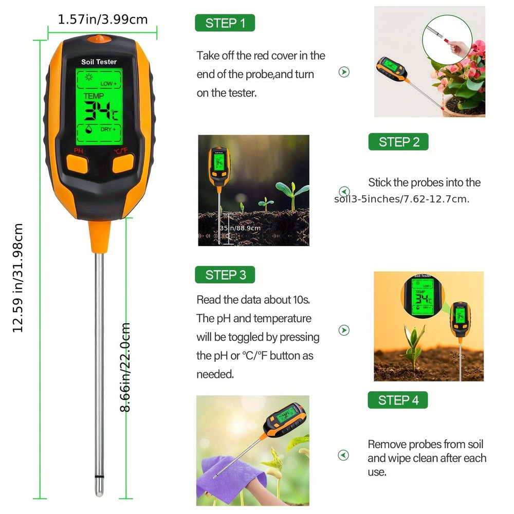Digital PH Soil Tester Meter Moisture Temp Light LCD Display Garden Tool Pro