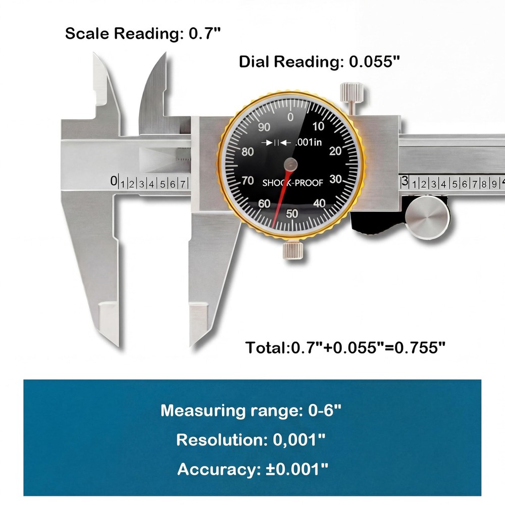 WeldingStop Precision 0-6" Dial Caliper Set with Protective Case - 0.001" Acc...