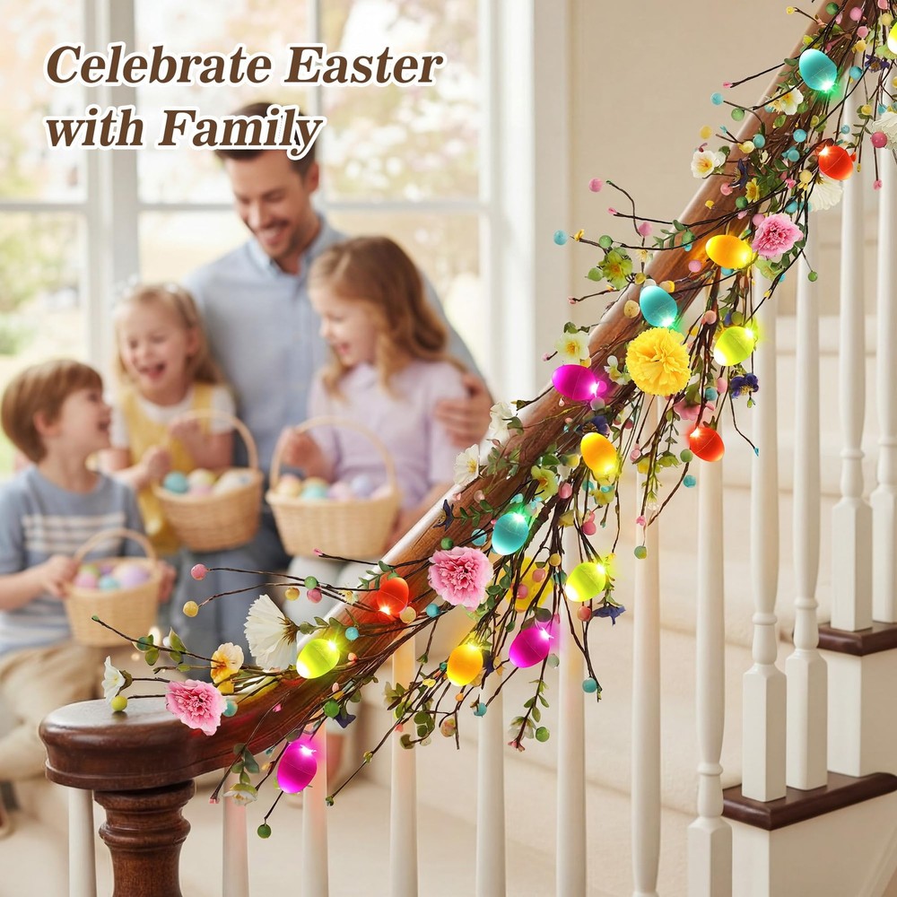 6ft Easter Garland with Light, 20 LED Easter Egg Decoration, Spring Decorative..