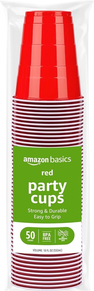 Basics Disposable Plastic Party Cups, Red, 18oz, 50 Count