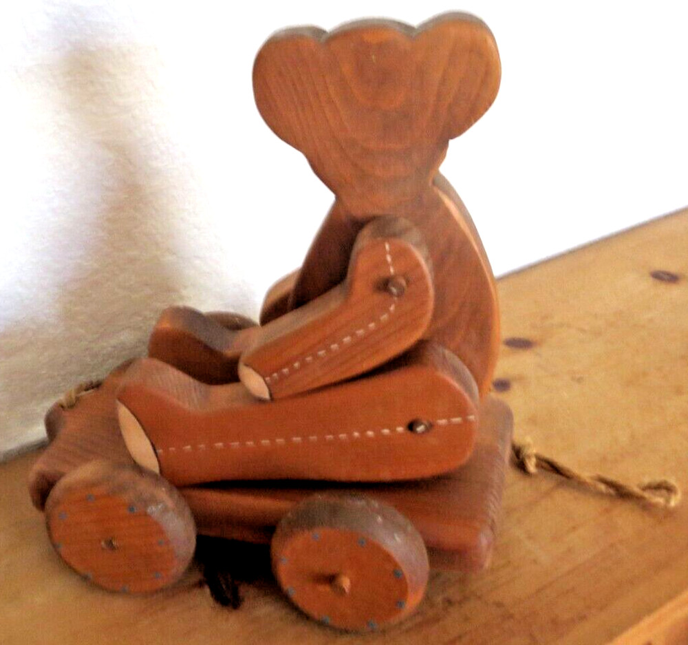 Vintage Jointed Wooden Bear Pull Toy ~ Wheels turn & pull string ~ Base Swivels