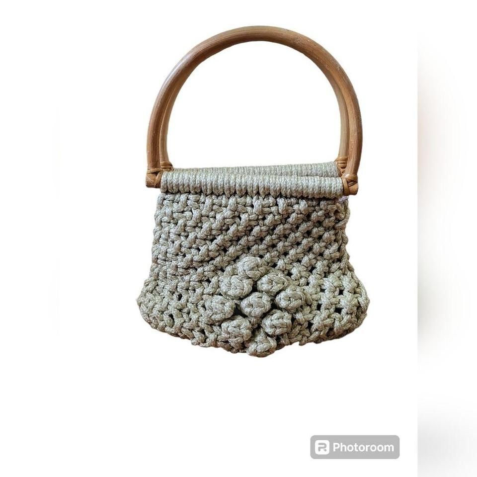 Vintage macrame purse with wooden handle