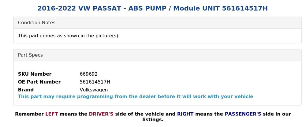 2016-2022 VW PASSAT - ABS PUMP / Module UNIT 561614517H