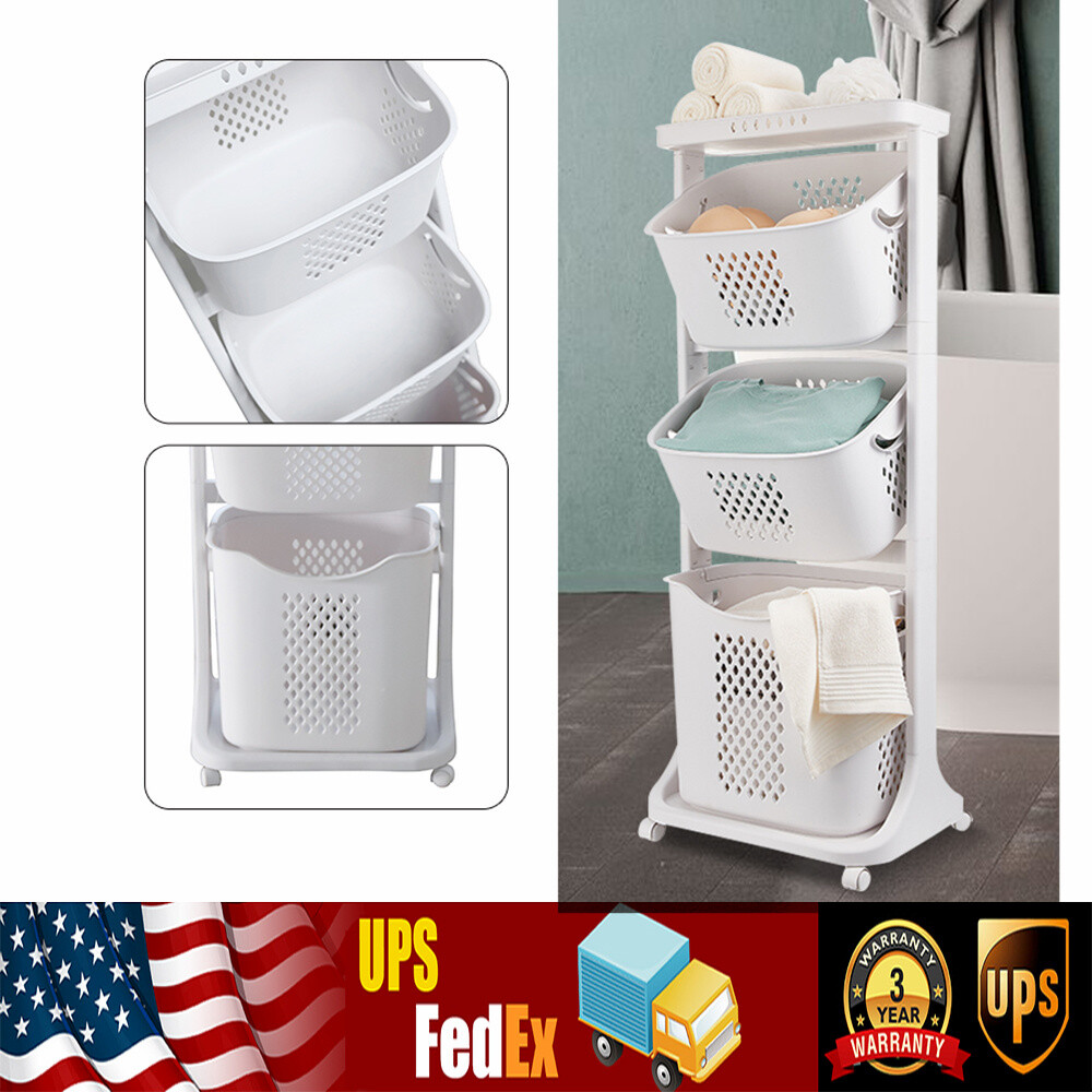 3 Tier Laundry Hamper Basket Sorter Clothes Storage Organizer Shelf Rolling Cart