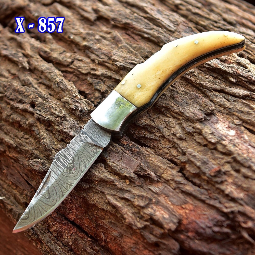 Custom Handmade Damascus Steel Foldable Blade Pocket Knife Camel Bone Handle