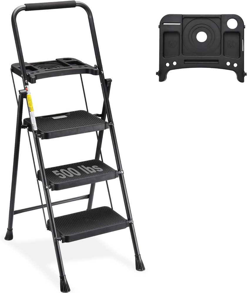Three-step ladder with tool tray, folding footstool, 500 lbs, black.