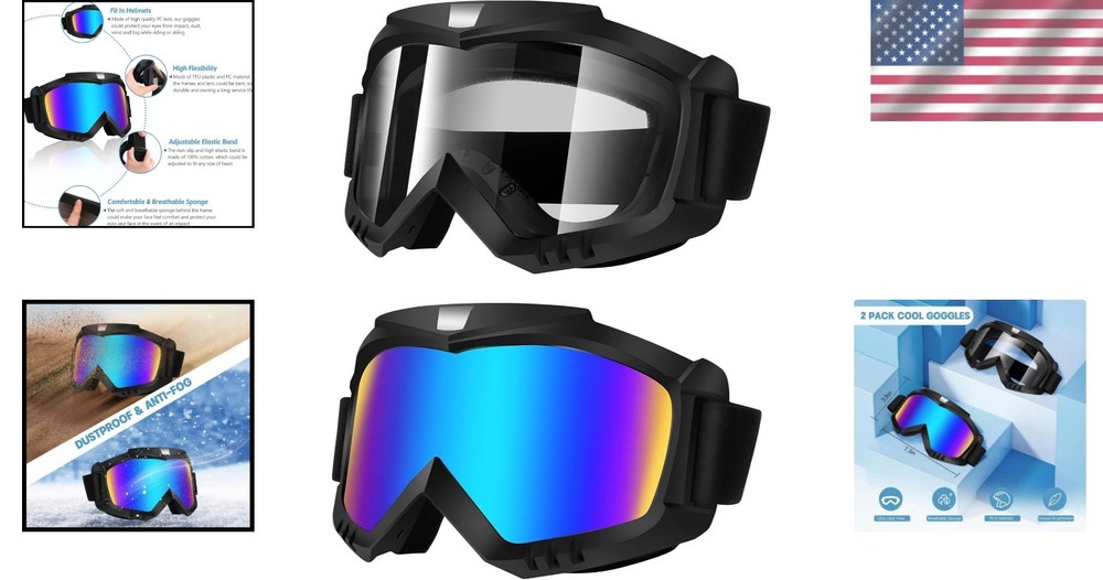 Multi-Purpose Windproof Racing Goggles for Motorcycling, Skiing & More - 2 Pack