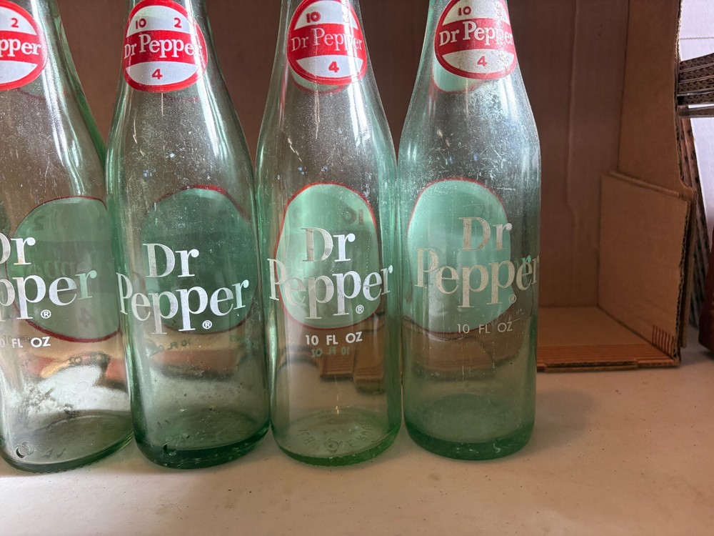 Dr. Pepper Soda Bottles. SIX - 10oz. Glass Bottles.