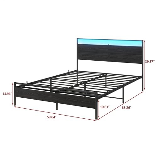 Bed Frame,Size Metal Platform Bed Frame with Storage & LED Light Queen Black