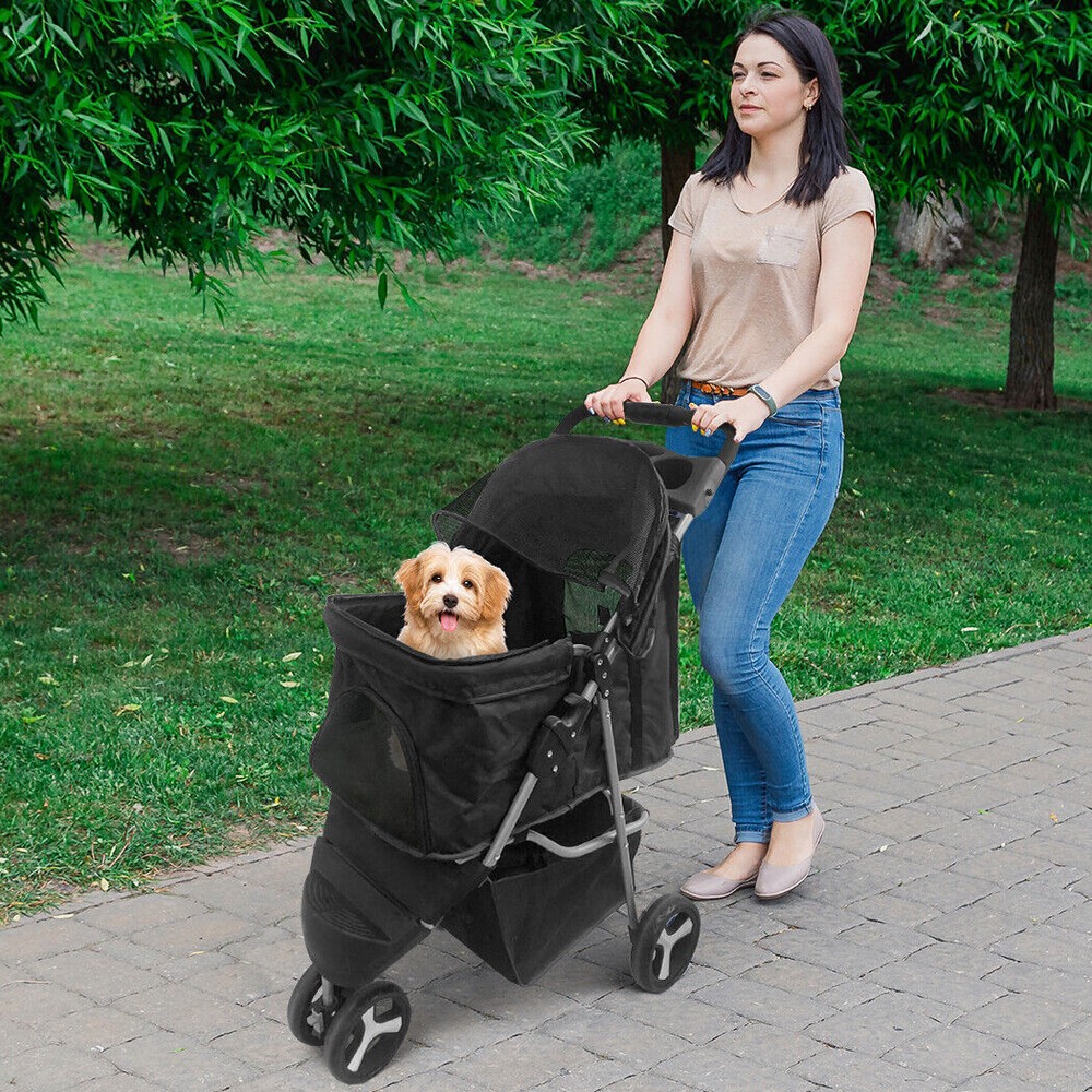 3/4-Wheels Folding Pet Stroller with Cup Holder, Mesh Window Portable Stroller
