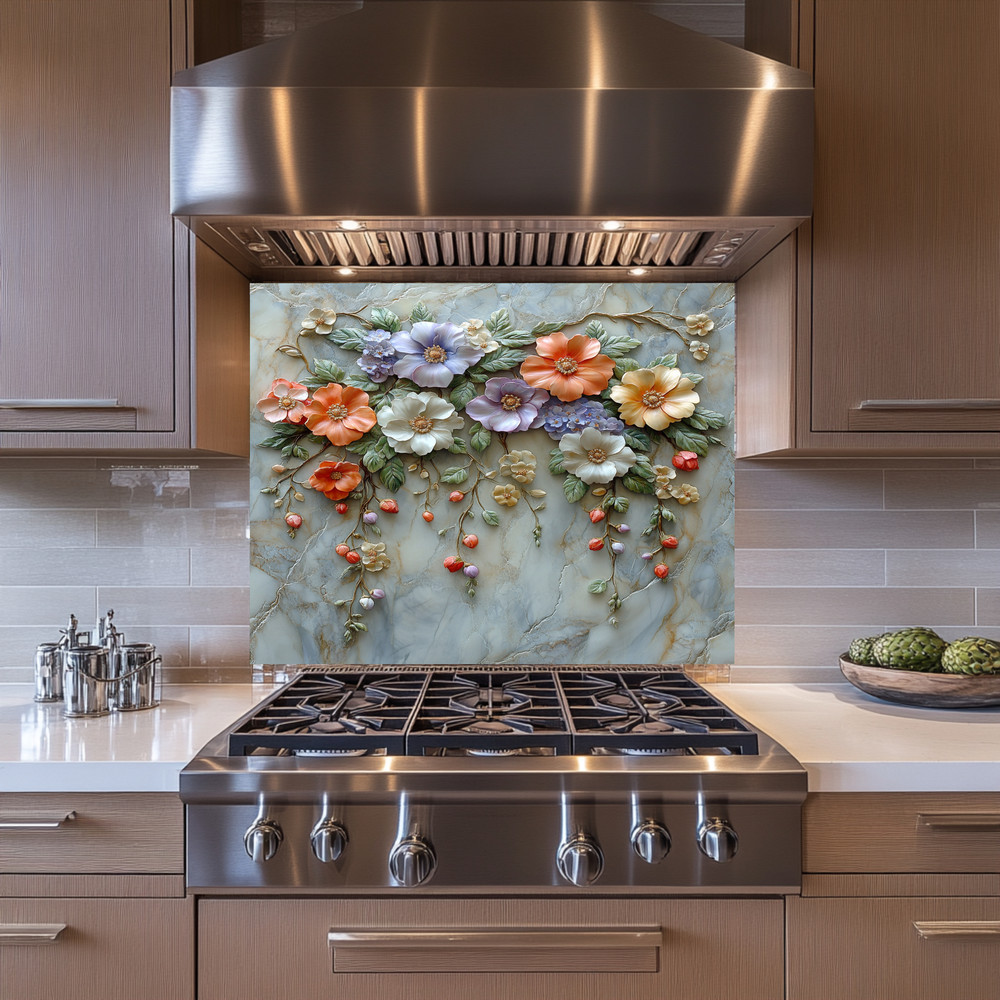 Floral Wall Print Backsplash, Tempered Glass Kitchen Backsplash