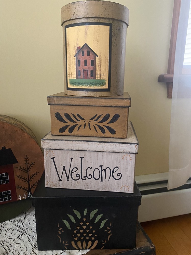 Primitive Nesting Stacking Boxes Saltbox House Welcome Country Storage Box Set 5