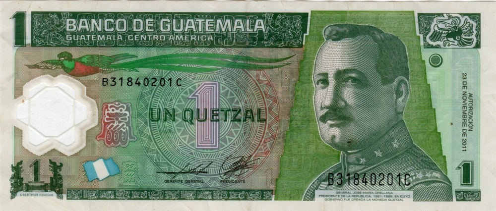 Banknote Guatemala P115b 1 Quetzal 2011, polymer