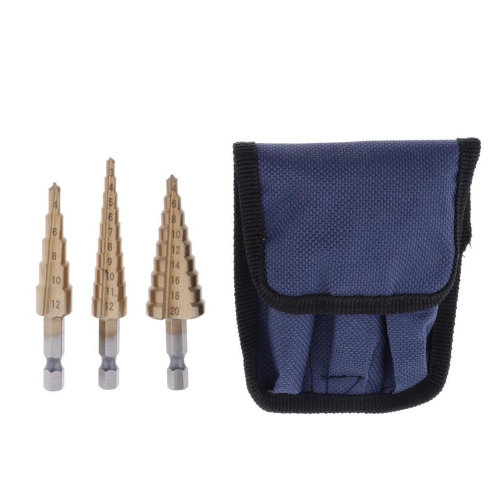 3Pcs HSS Step Cone Drill Bit Set Titanium Hole Cutter Tool with Pouch Metric