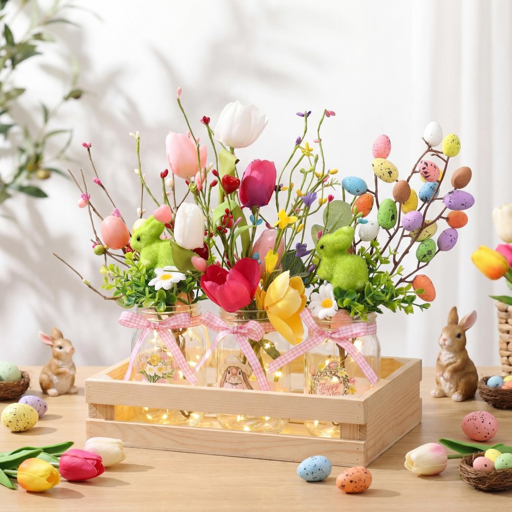 3 Sets Easter Centerpiece Table Decorations DIY Mason Jar Light Decoration wi...