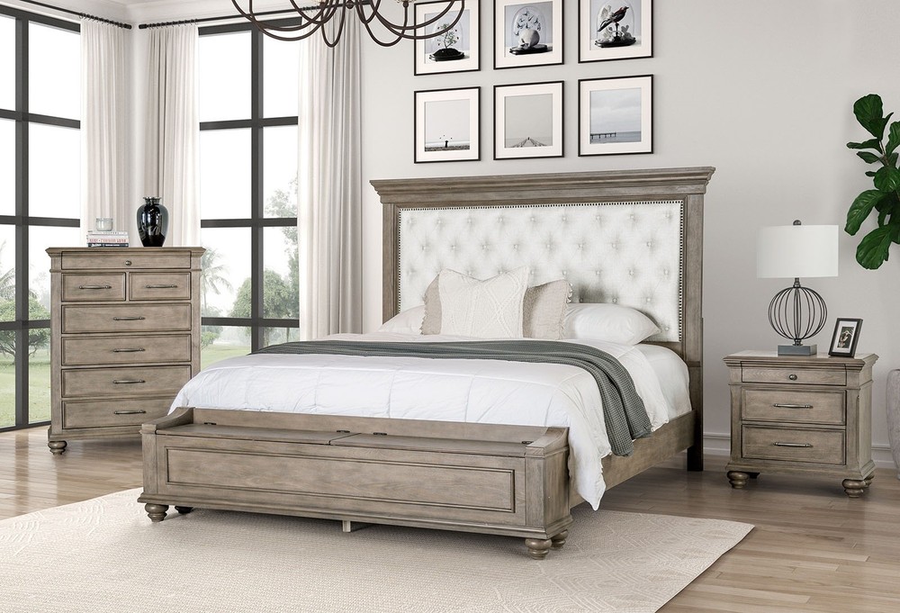 Transitional Easters King Size 1pc Bed Set Footboard Storage Padded Headboard
