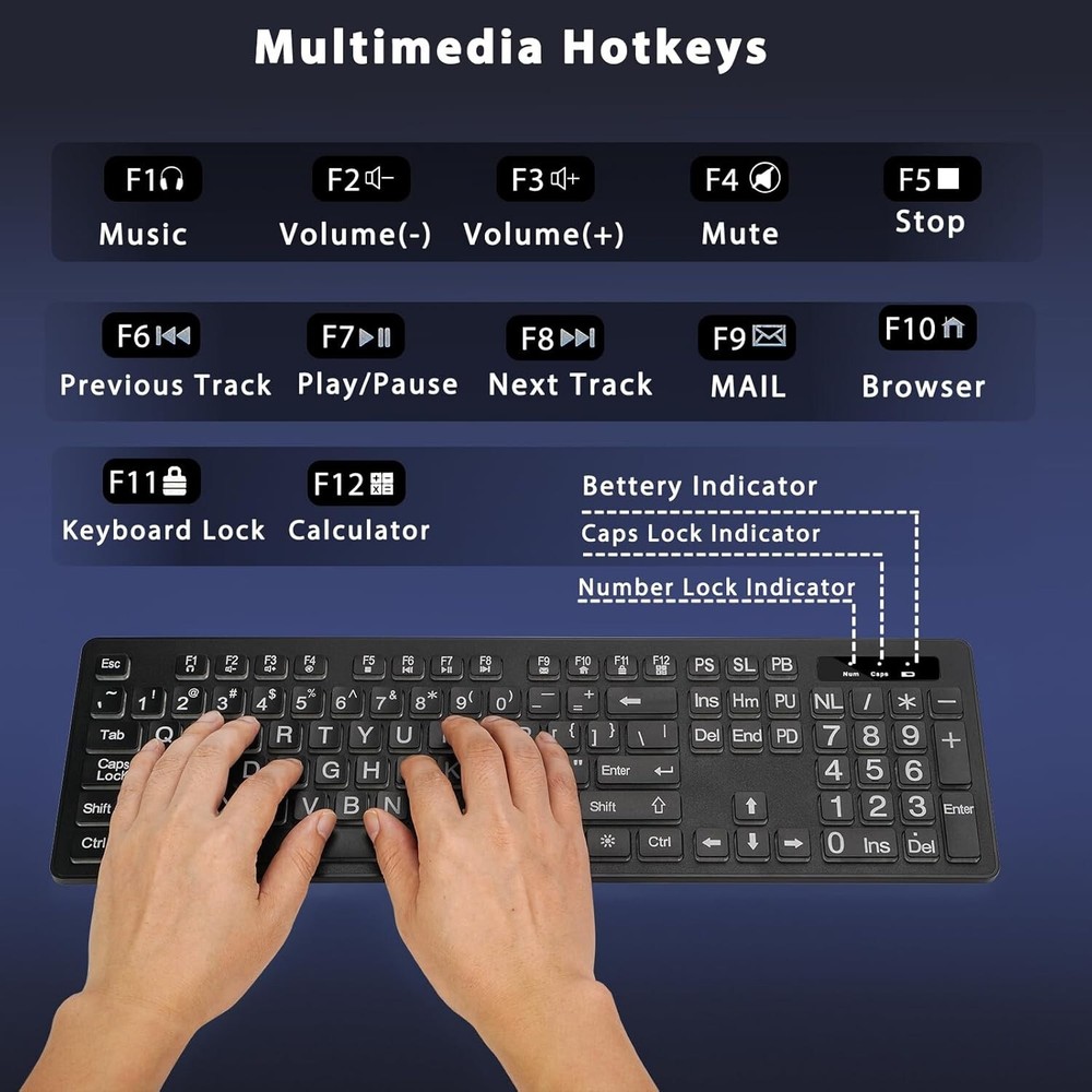 Large Print Backlit Wireless Keyboard, 2.4G Silent Wireless Light Up Keyboard