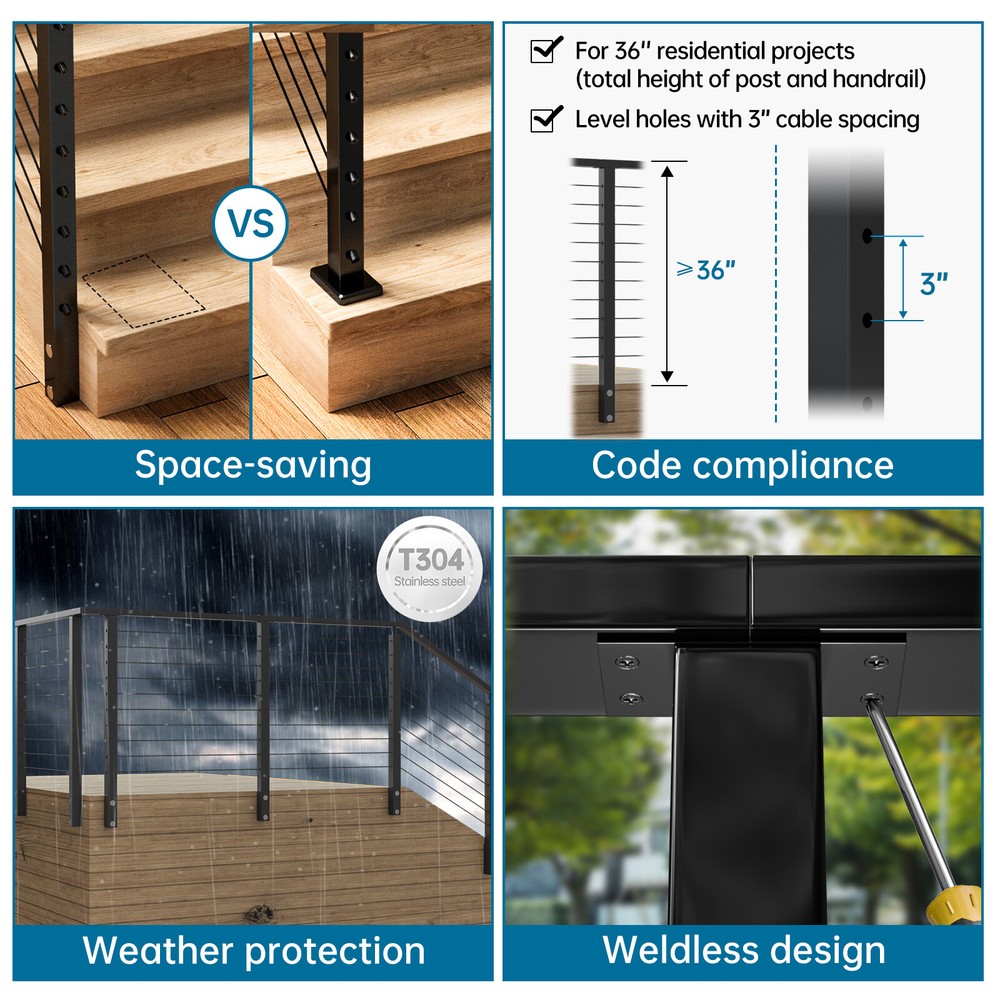 Muzata Level drilled Side Mount Post 36"x2"x2" Fixed Top Cable Railing Post PF02
