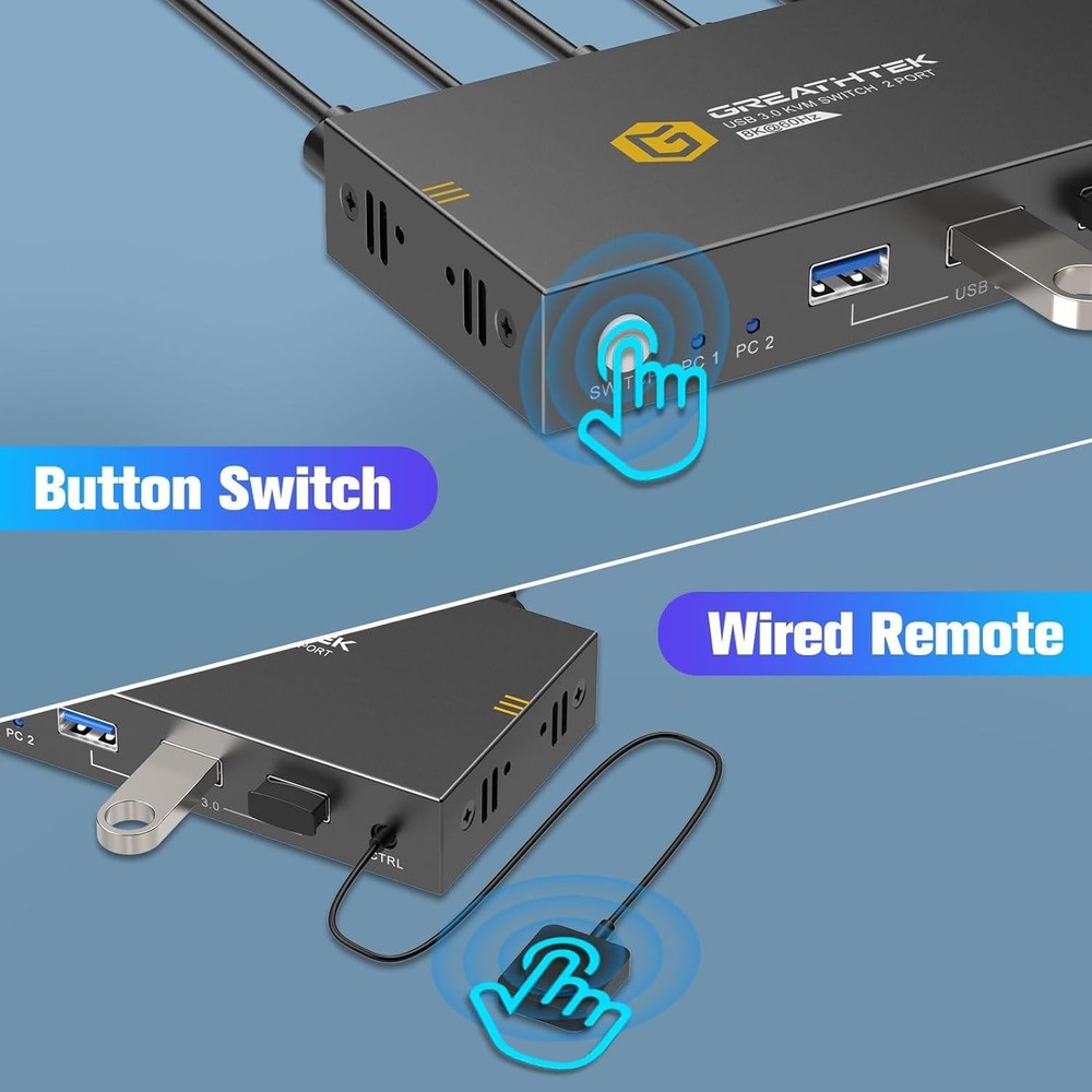Seamless 8K@60Hz KVM Switch for 2 PCs: Button & Remote Control - Compact Design