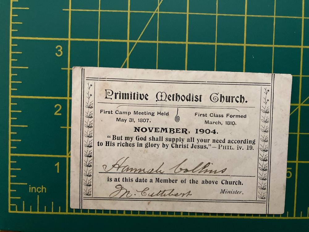 1904 Primitive Methodiust Church membership paper slip Cuthbert