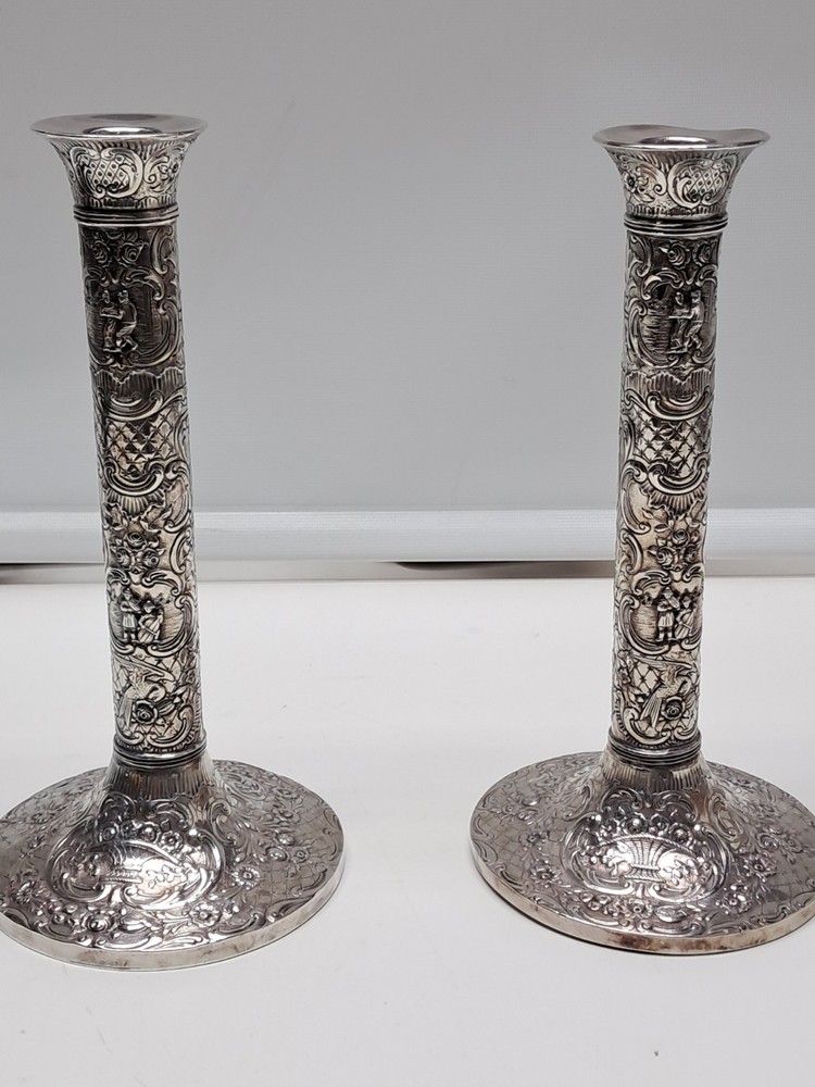 Antique Silver-Plated Repousse Candlestick Holders