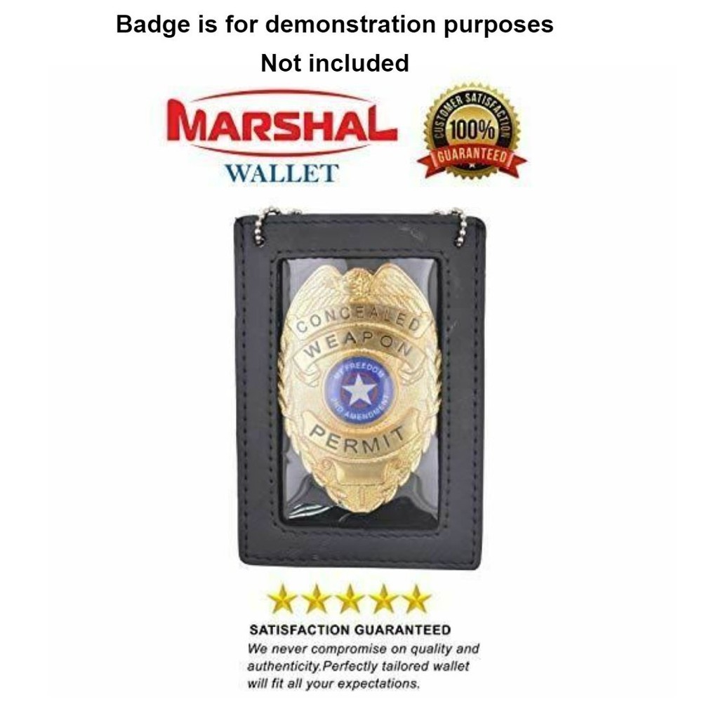 Genuine Leather Neck Chain Double ID Badge Holder, Black