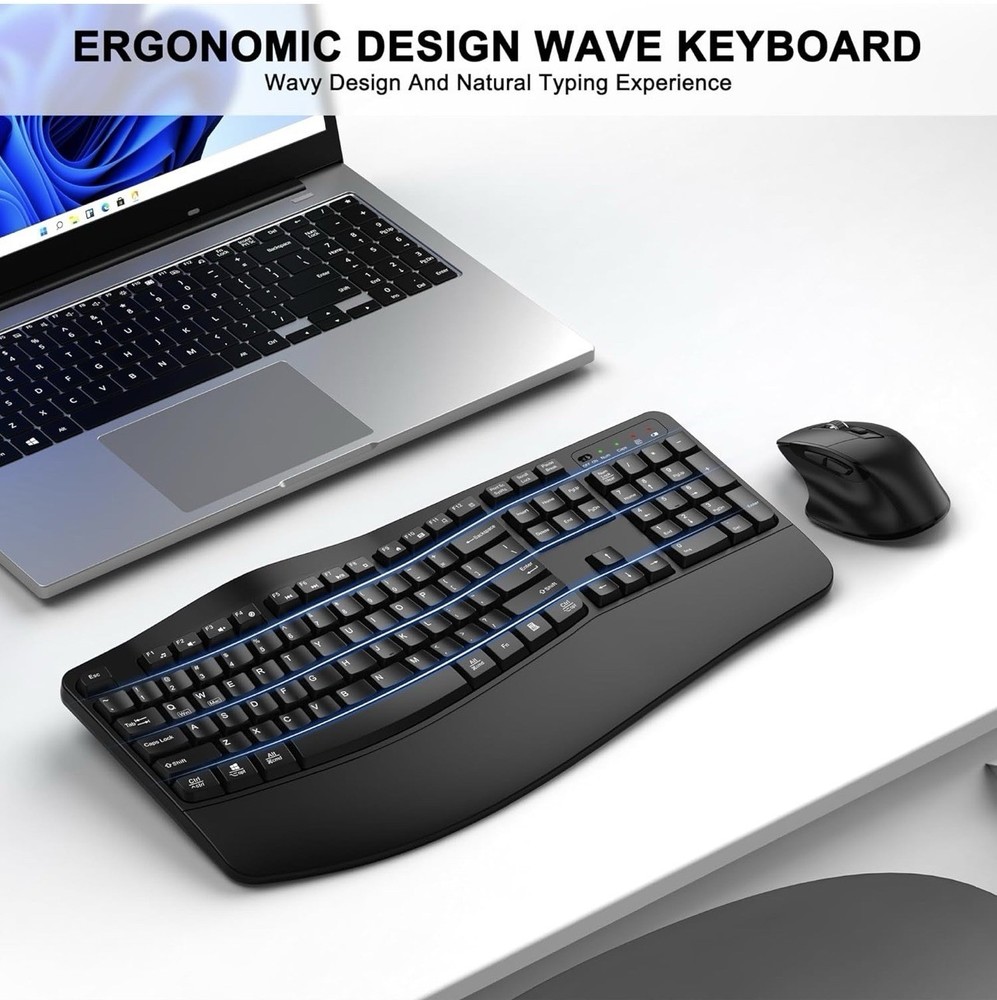 Wireless Keyboard and Mouse Combo, 2.4G Full Size Wave Keys Ergonomic Keyboard w