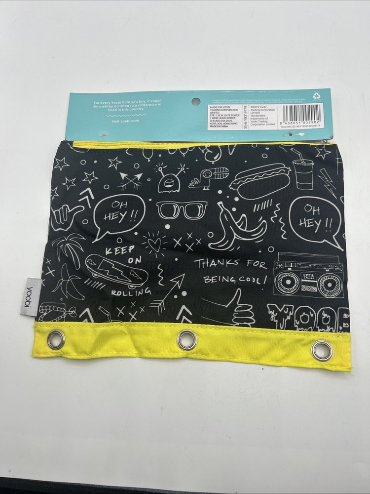 Yoobi Binder Zip Case Black & White Chalkboard Writing & Drawings Design