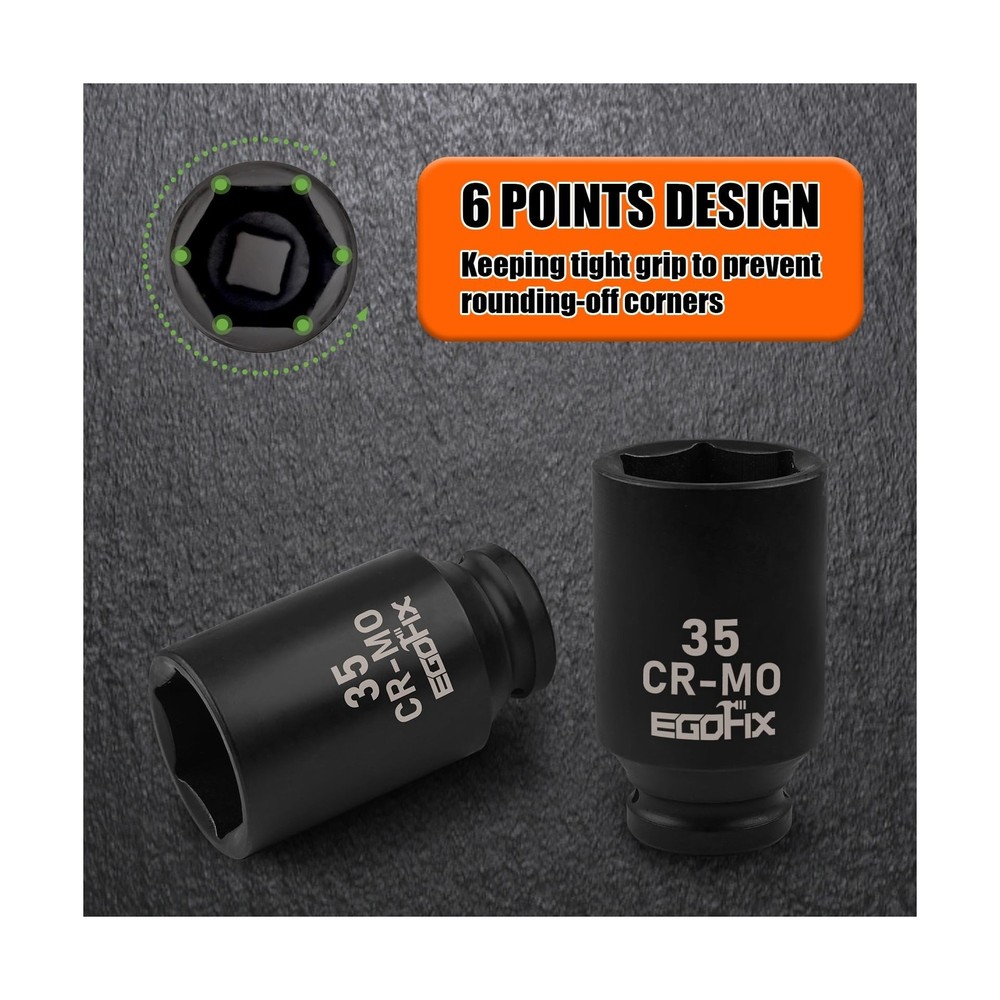 1/2" Drive Deep Impact Socket, 35mm Metric Socket, Axle Nut Socket CR-MO 6 Po...