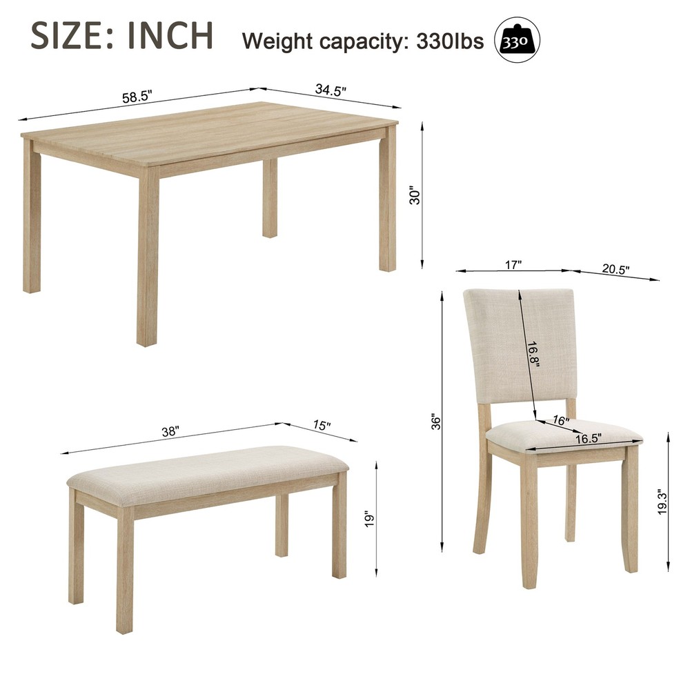6Pack Dining Table Set with Bench, Wooden Rectangular Kitchen Table Set, Modern