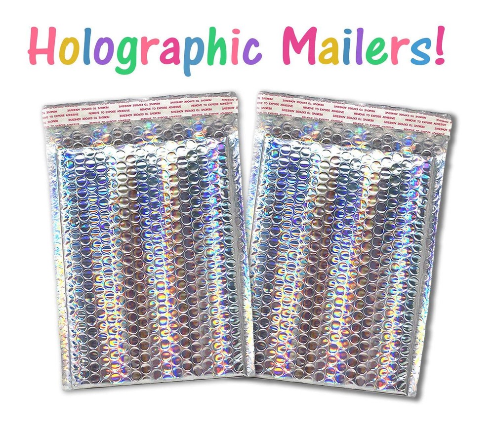 WHOLESALE by the CASE, Multiple Sizes Holographic Metallic Bubble Mailers Strong