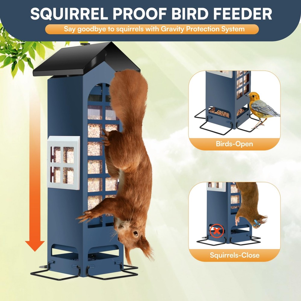 Squirrel Proof Bird Feeder,Gravity Protection Outdoors Hanging Metal blue