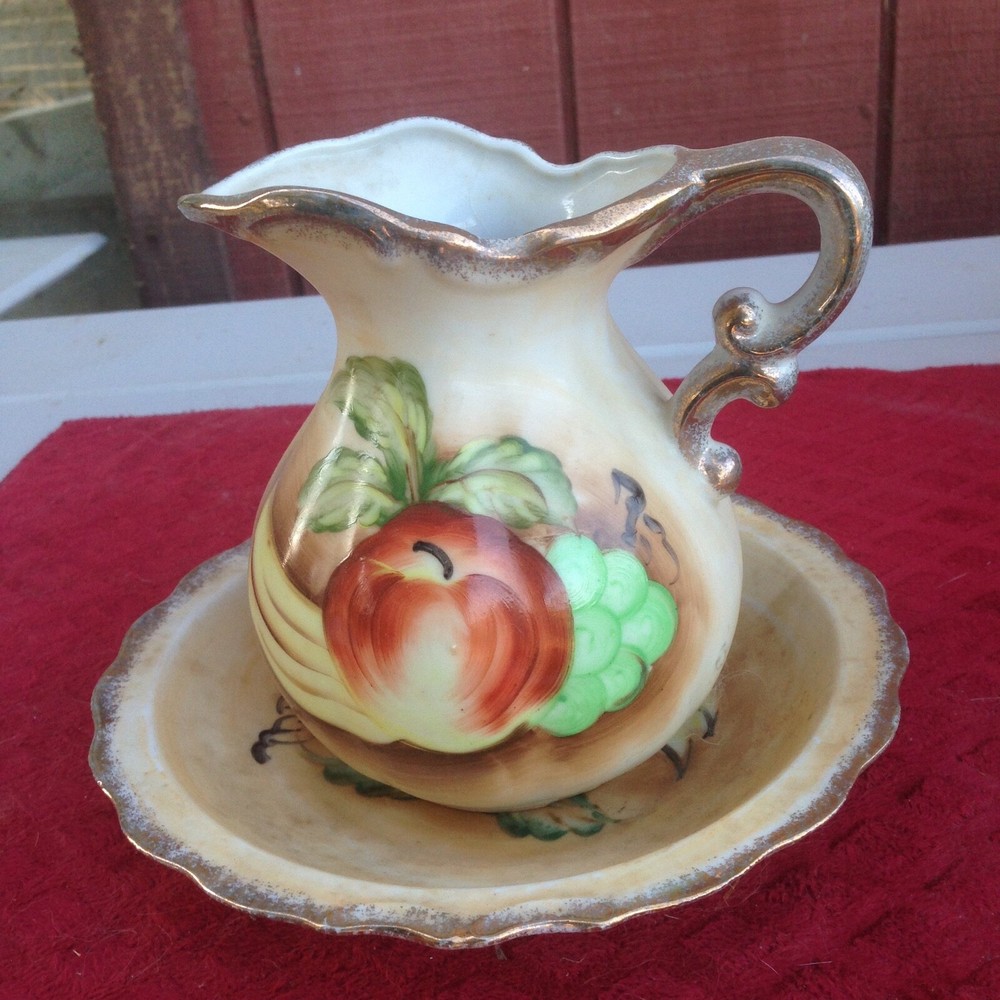 Small Two Piece Porcelain Ceramic Ewer/Pitcher & Wasbowl with Fruit Designs