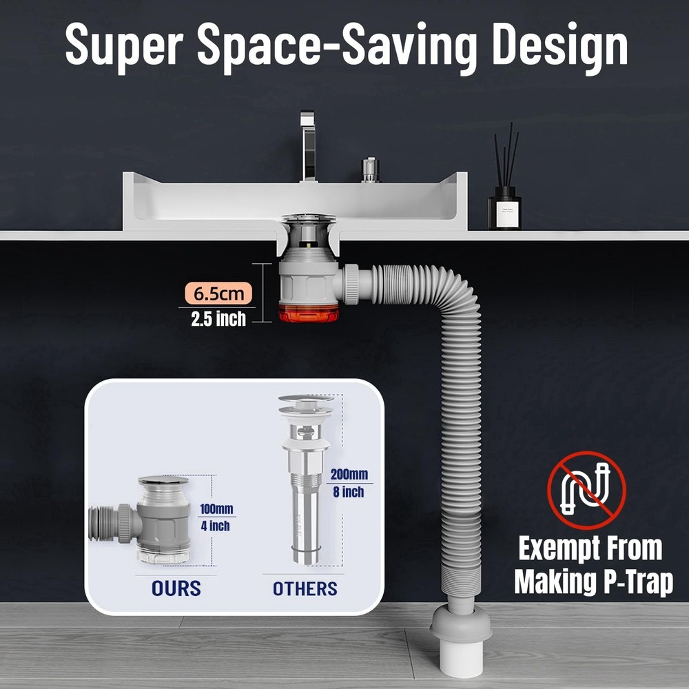 Bathroom Sink Drain Kit with Flexible Expandable Pipe Odor-Free Backflow-Prevent