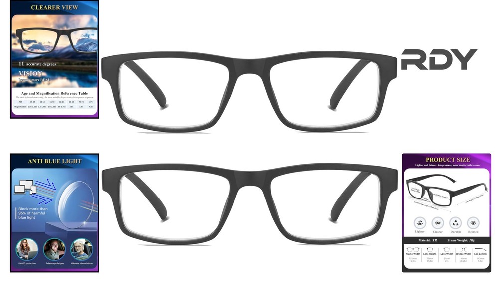 Fashionable Black Blue Light Glasses – 2-Pack with Spring Hinges for All Faces
