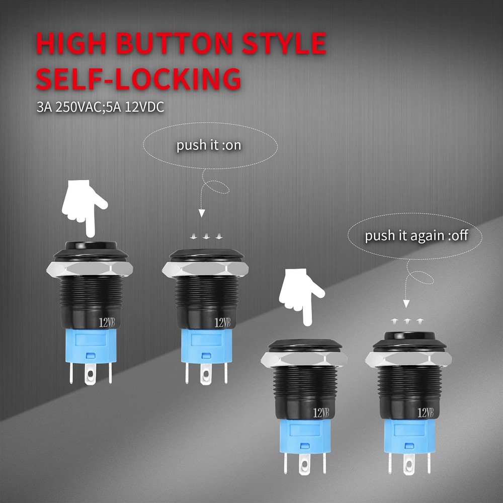 6pcs 12V Latching Push Button Switch LED Blue 12mm Power Button Waterproof ON...