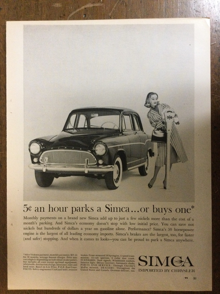Misc 6635 Advertisement 1961 Simca Imported by Chrysler 1 page
