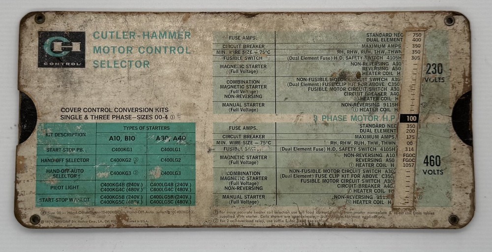 Vintage Cutler-Hammer Motor Control Selector Slide Chart - 1970 - B