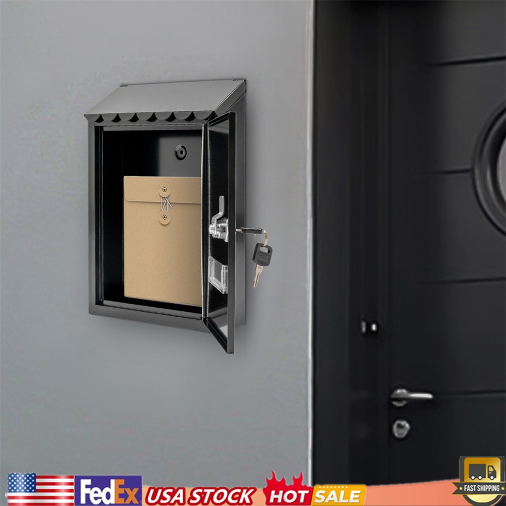 Wall Mount Rectangular Locking Mailbox W/ 2 Keys Black Residential Mail Box