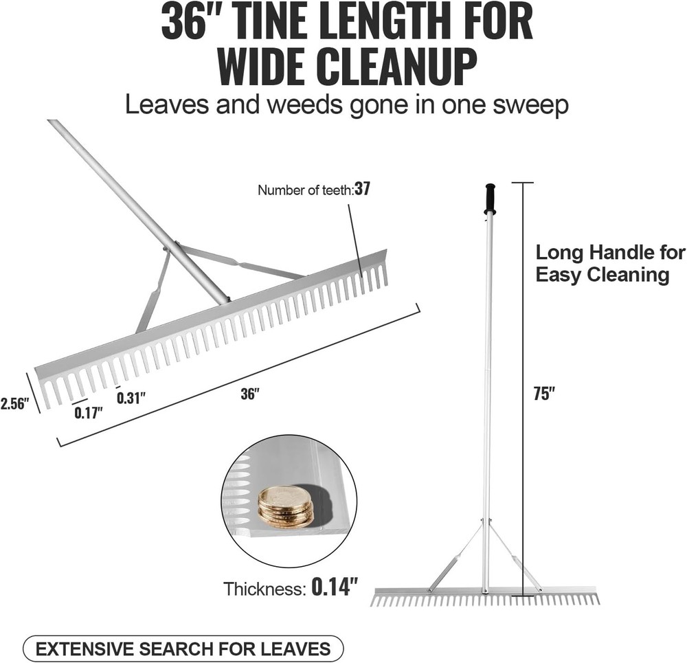 Versatile 36" Lake Weed Rake with Long 75" Handle - Lightweight & Efficient Tool