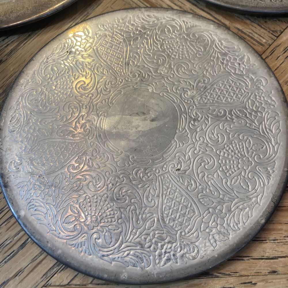 4 Embossed SilverPlate Antique Drink Coasters With Holder Unmarked.