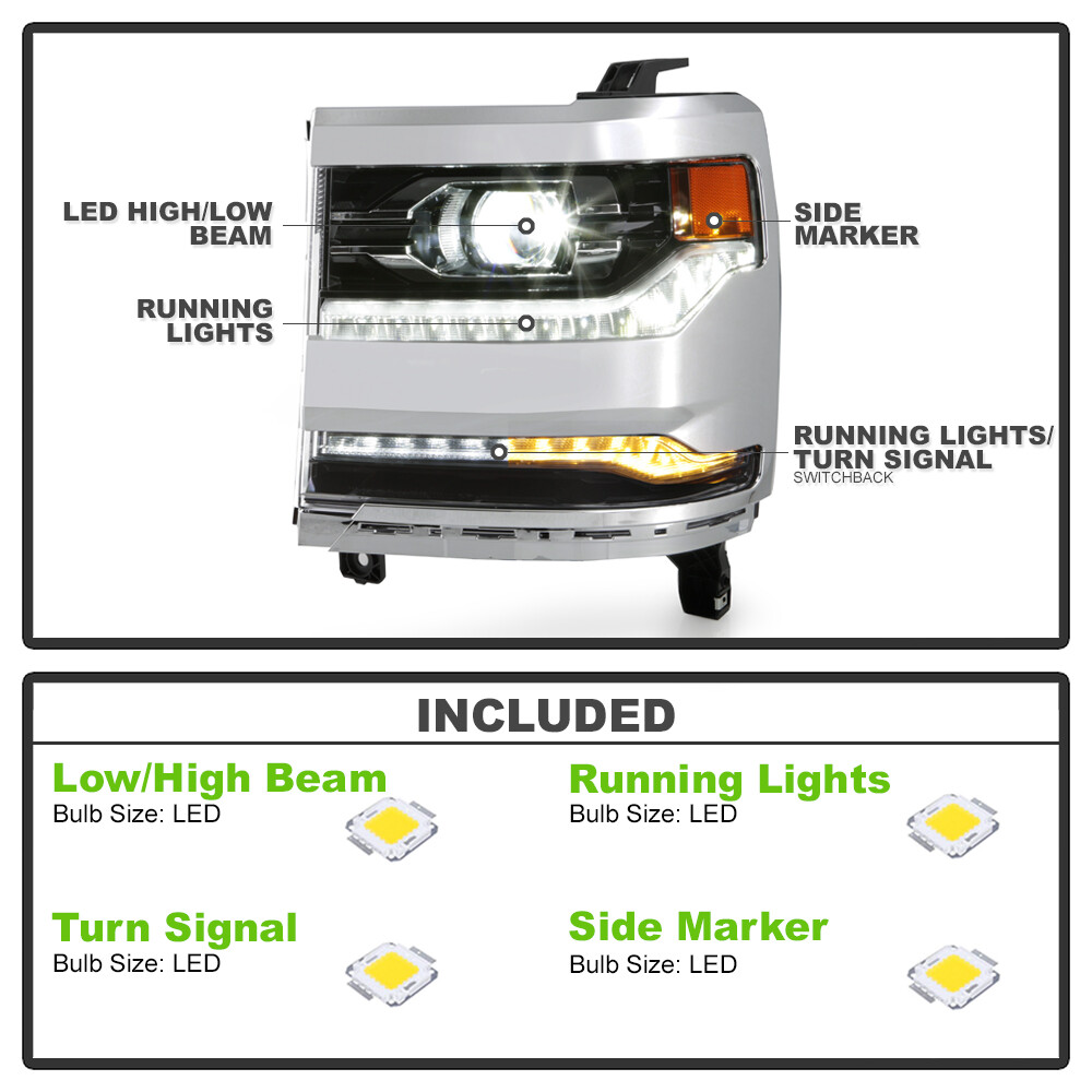 2016-2018 Chevy Silverado 1500 Chrome DRL Projector Headlights SET